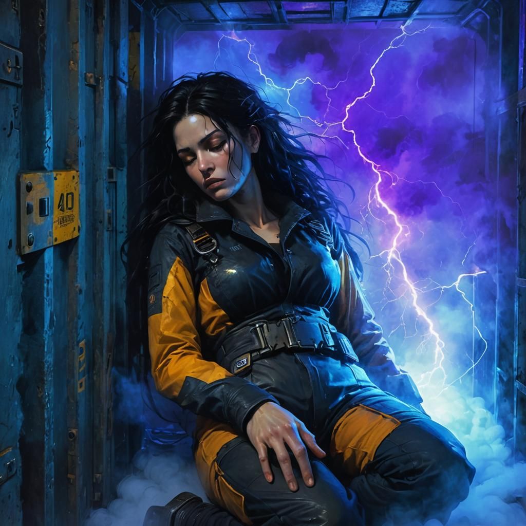 Cyberpunk Woman Sleeping in Industrial Crate, Abstract Art