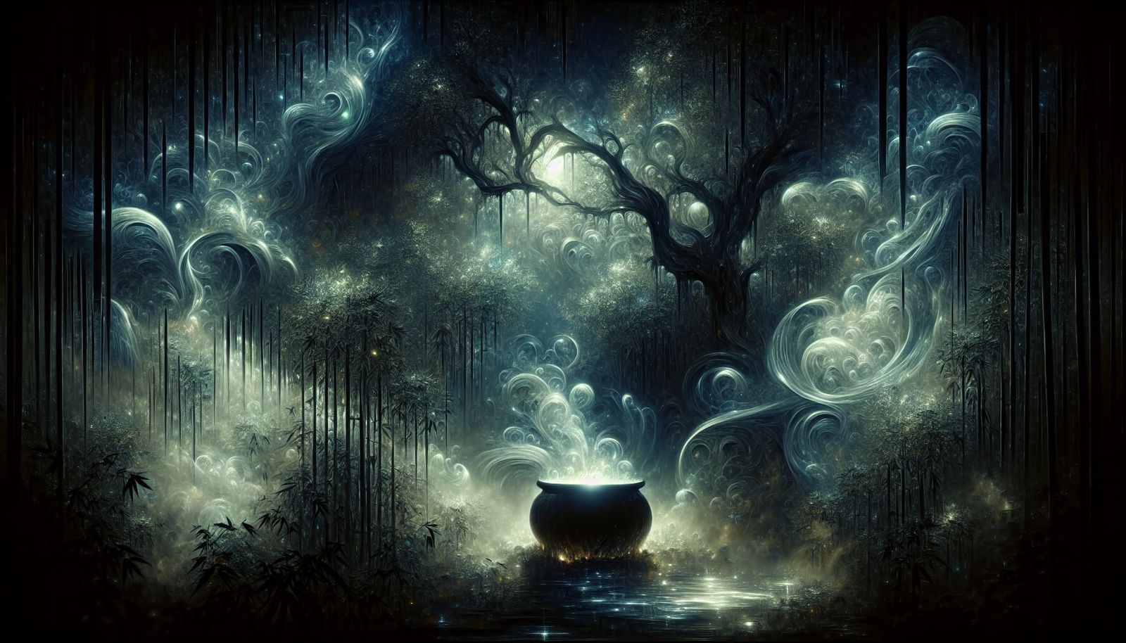 Witch's Cauldron in Moonlit Bamboo Forest