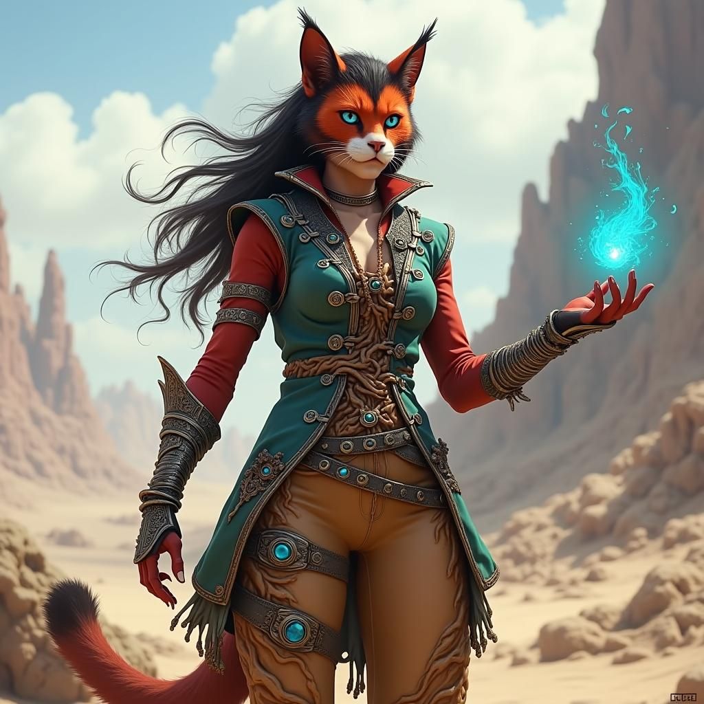 Calico Tabaxi Sorceress Riding Warforged Druid