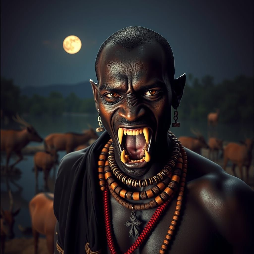 African Tribal Vampire Warrior in Dark Photorealistic Landsc...