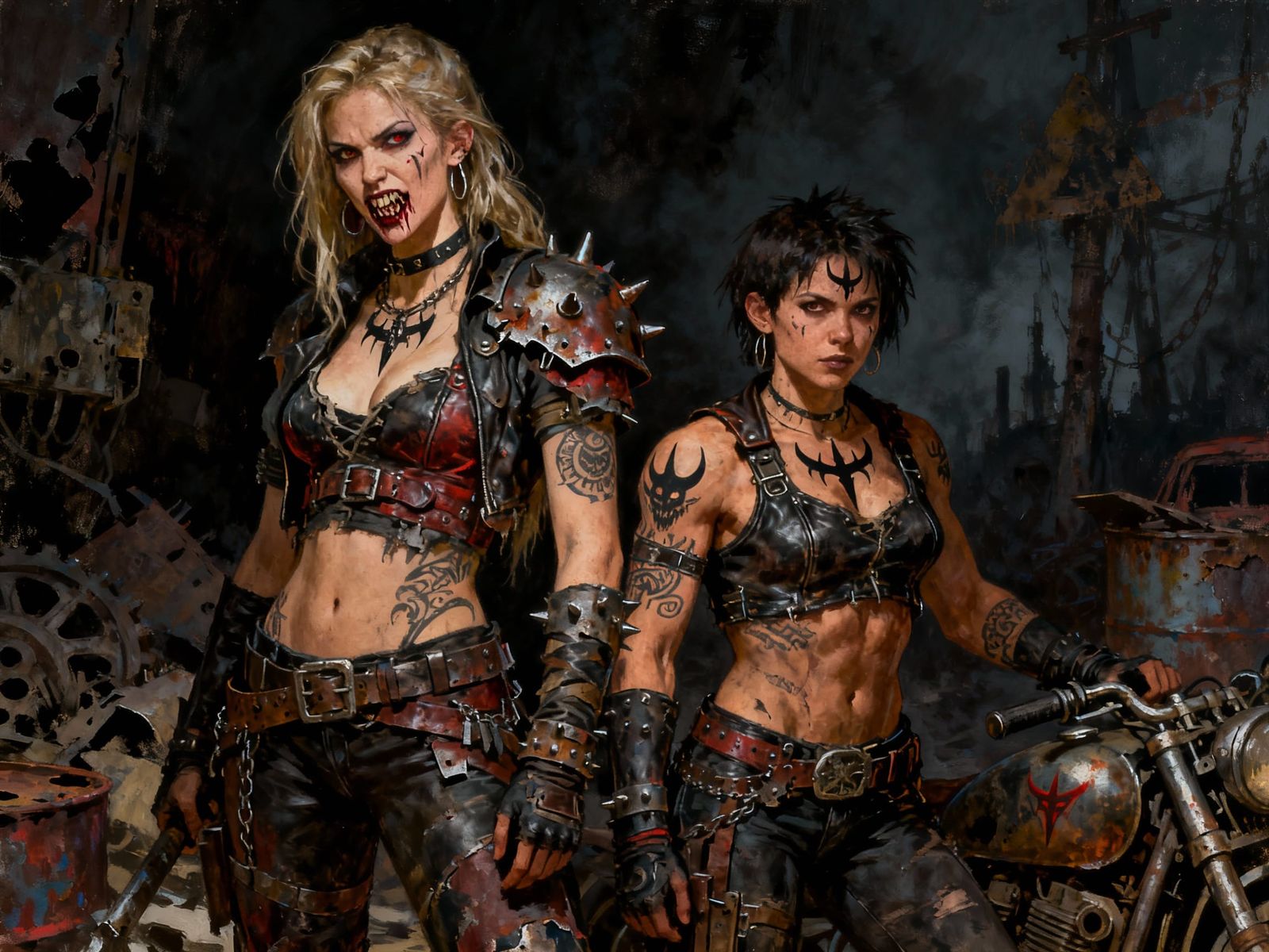 Female Raiders in Dark Oil Painting Style