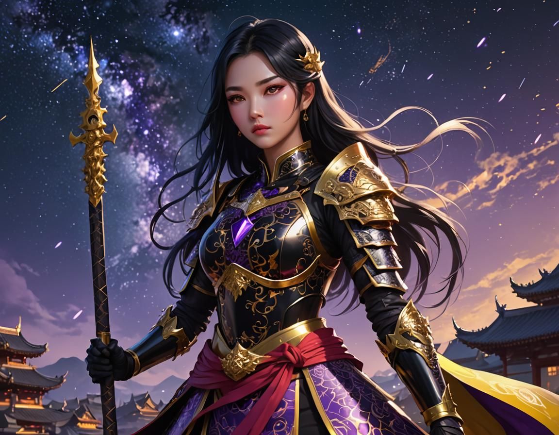 Anime Woman in Knight Armor Under Cosmic Sky
