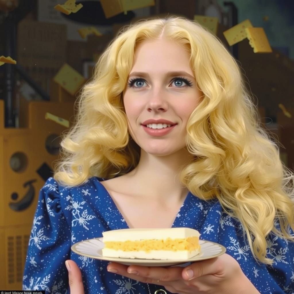 Blonde in 70s Dress with Flying Swiss Cheese