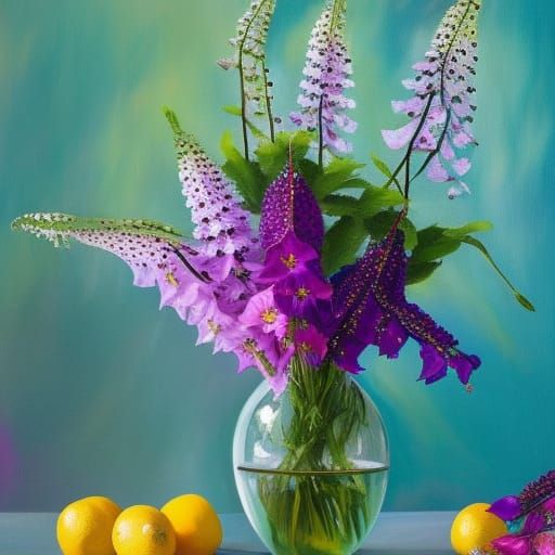 Impressionistic Foxglove Still Life with Lemons