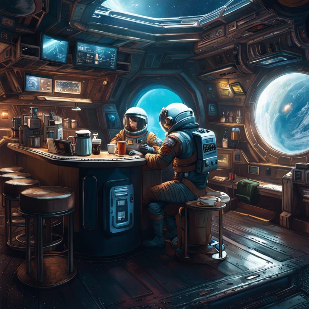 Astronaut Barista at Coffee Shop in Space
