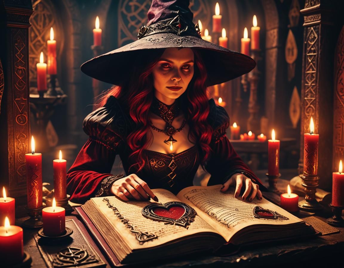 medievil grimoire with an ornate witch inscribed into the co...