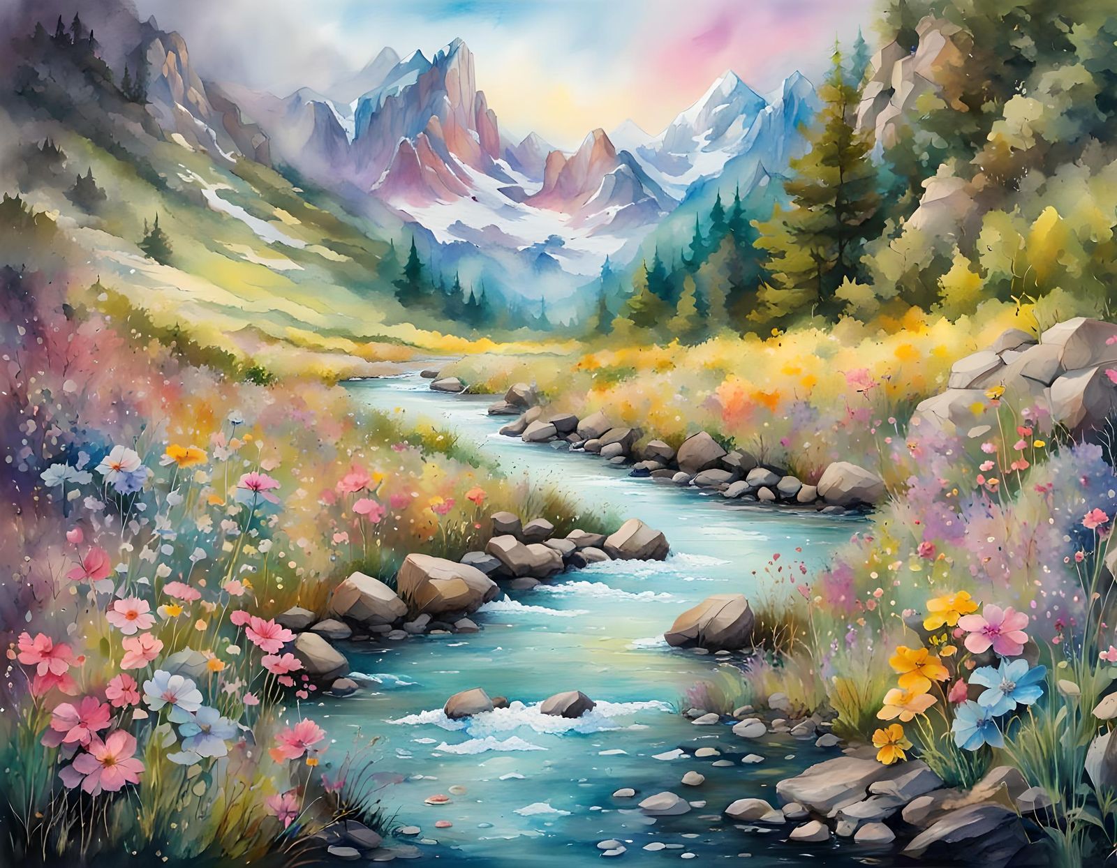 Wildflower Mountain River Landscape in Watercolor Style