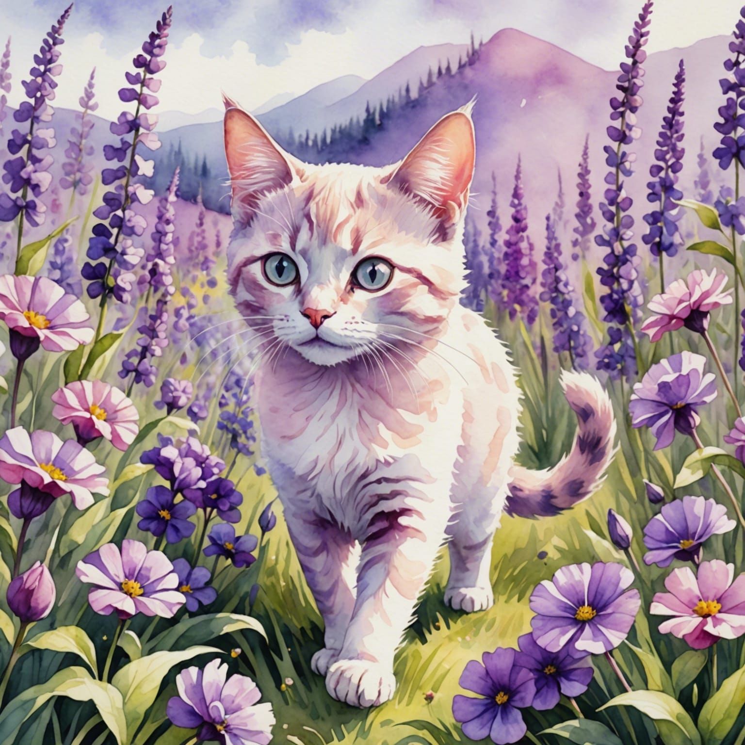 Pink Cat Walks in Purple Flower Field