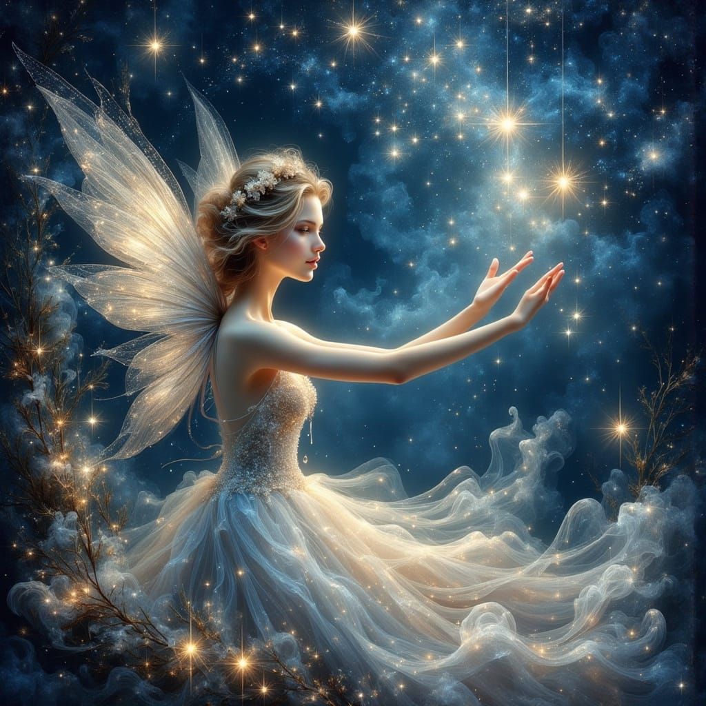 Whimsical Fairy Reaches for You Under Starry Night Sky