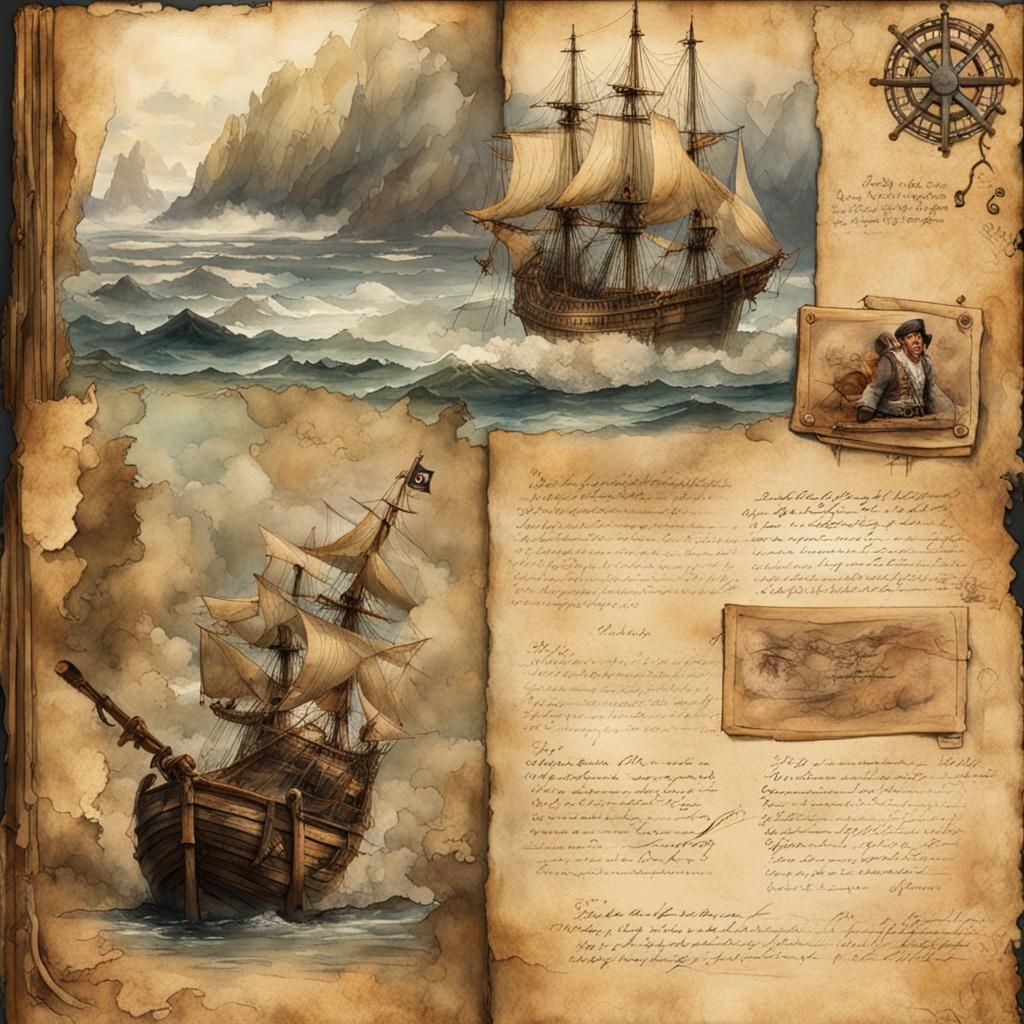 Pirate's Journal Page with Ocean and Ship