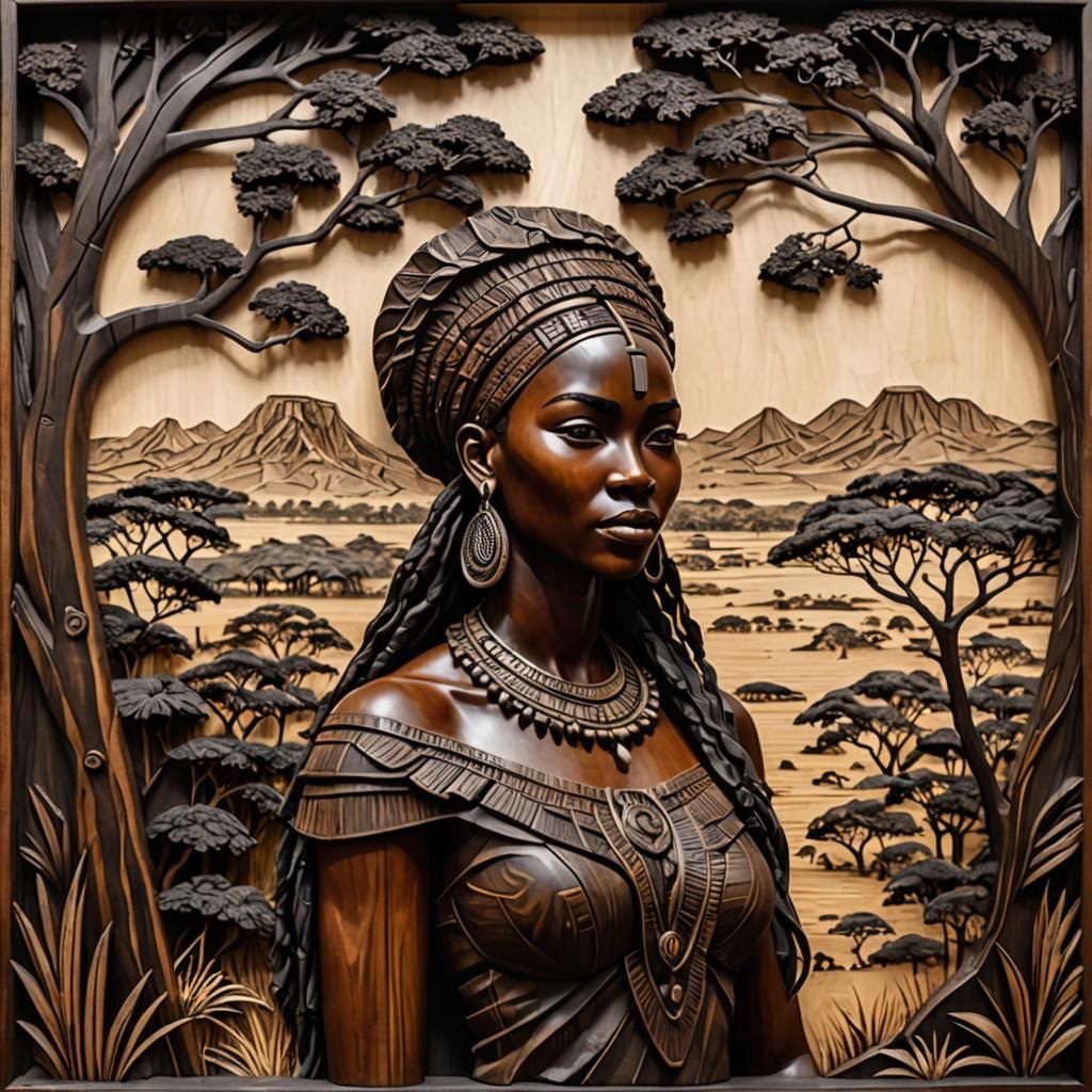 Ebony Wood Relief: African Woman in Savannah