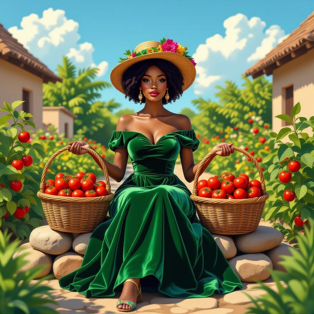 African Queen in Garden of Tomatoes, Illustration