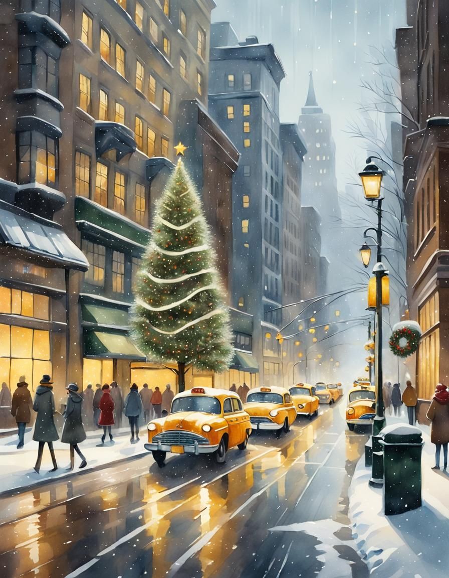 Winter City Street Scene Watercolor Illustration