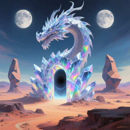 Crystalline Dragon Guards Dimensional Gateway in Surreal Des...