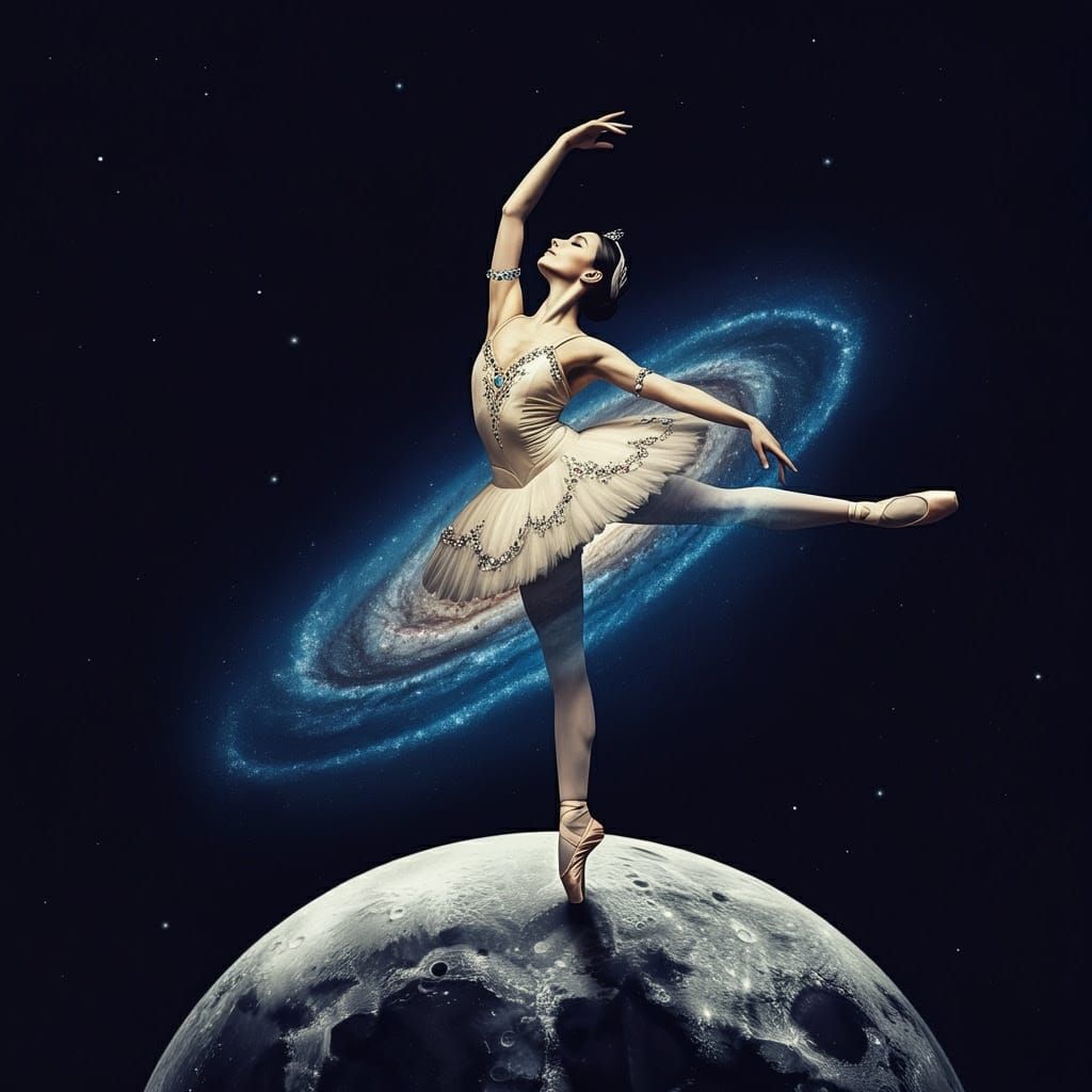 Ethereal Ballerina on a Glowing Moon in Retro Futuristic Sty...