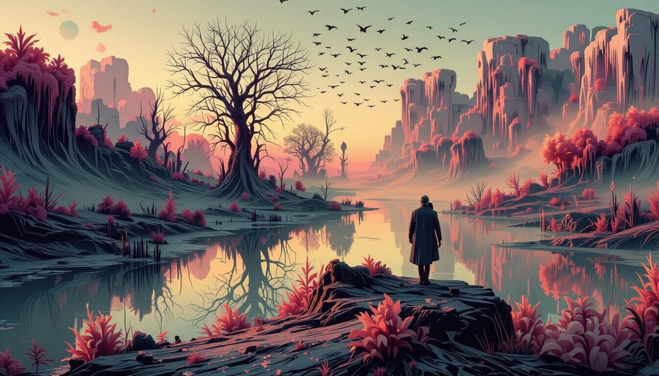 Regretful Master of Illusions in Swamp at Dusk