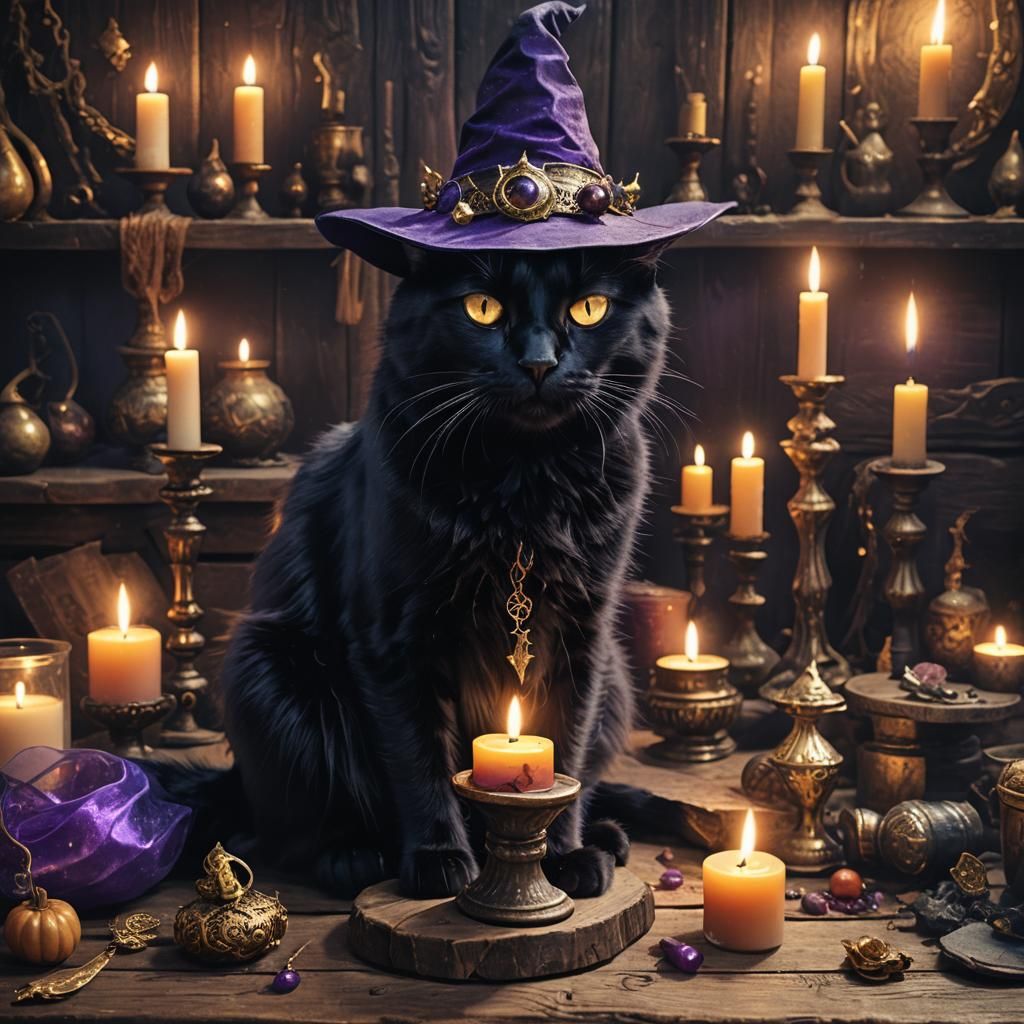 Merlin the Black Cat in Witch Hat: Fantasy Art