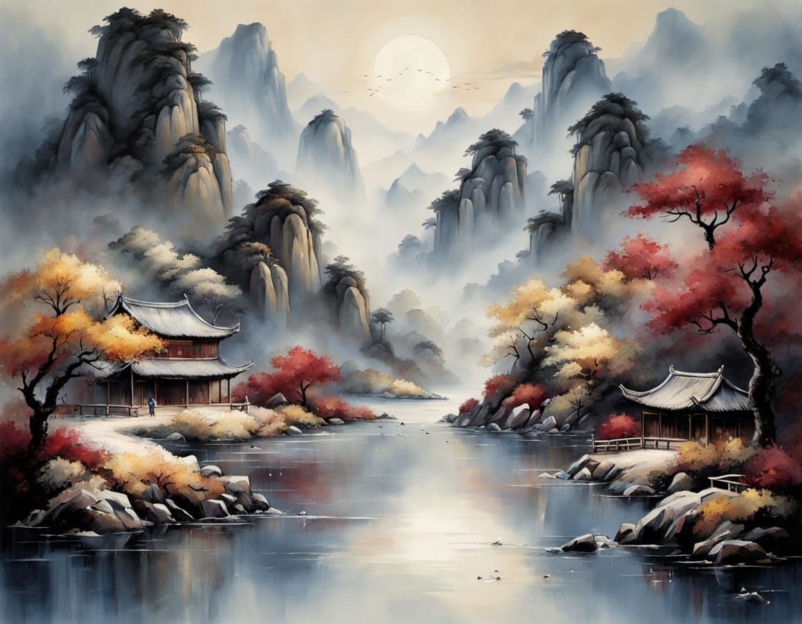 Serene Chinese Landscape Painting with Watercolor Textures