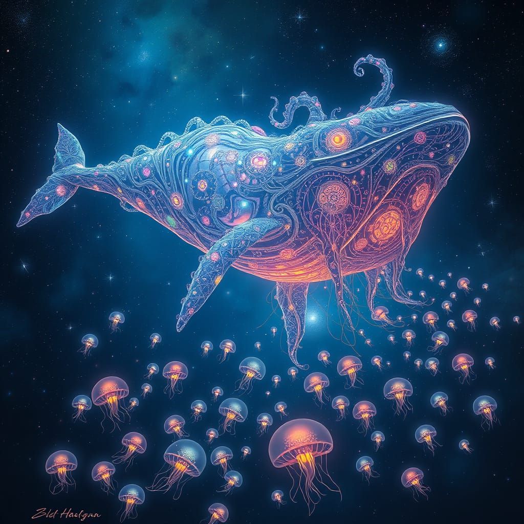 Bioluminescent Space Whale in Nebula, Digital Painting