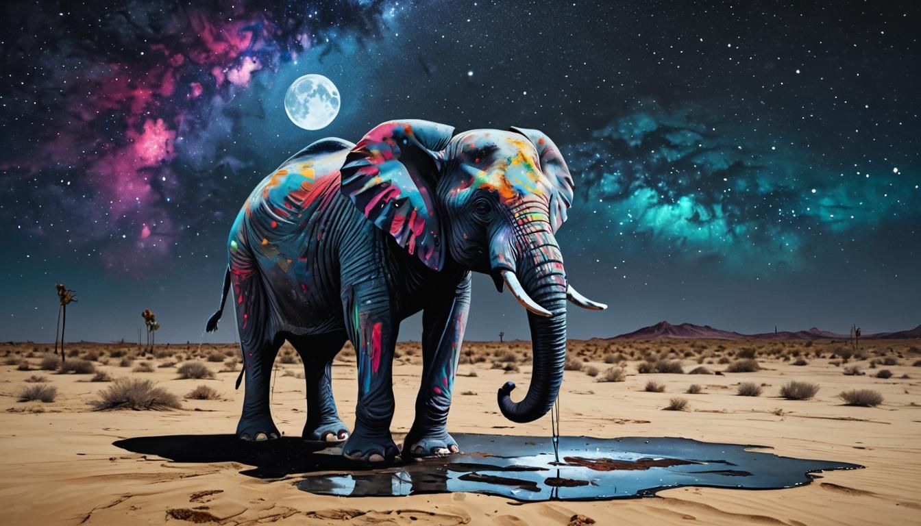 Colorful Elephant Graffiti Art in Desert Nightscape