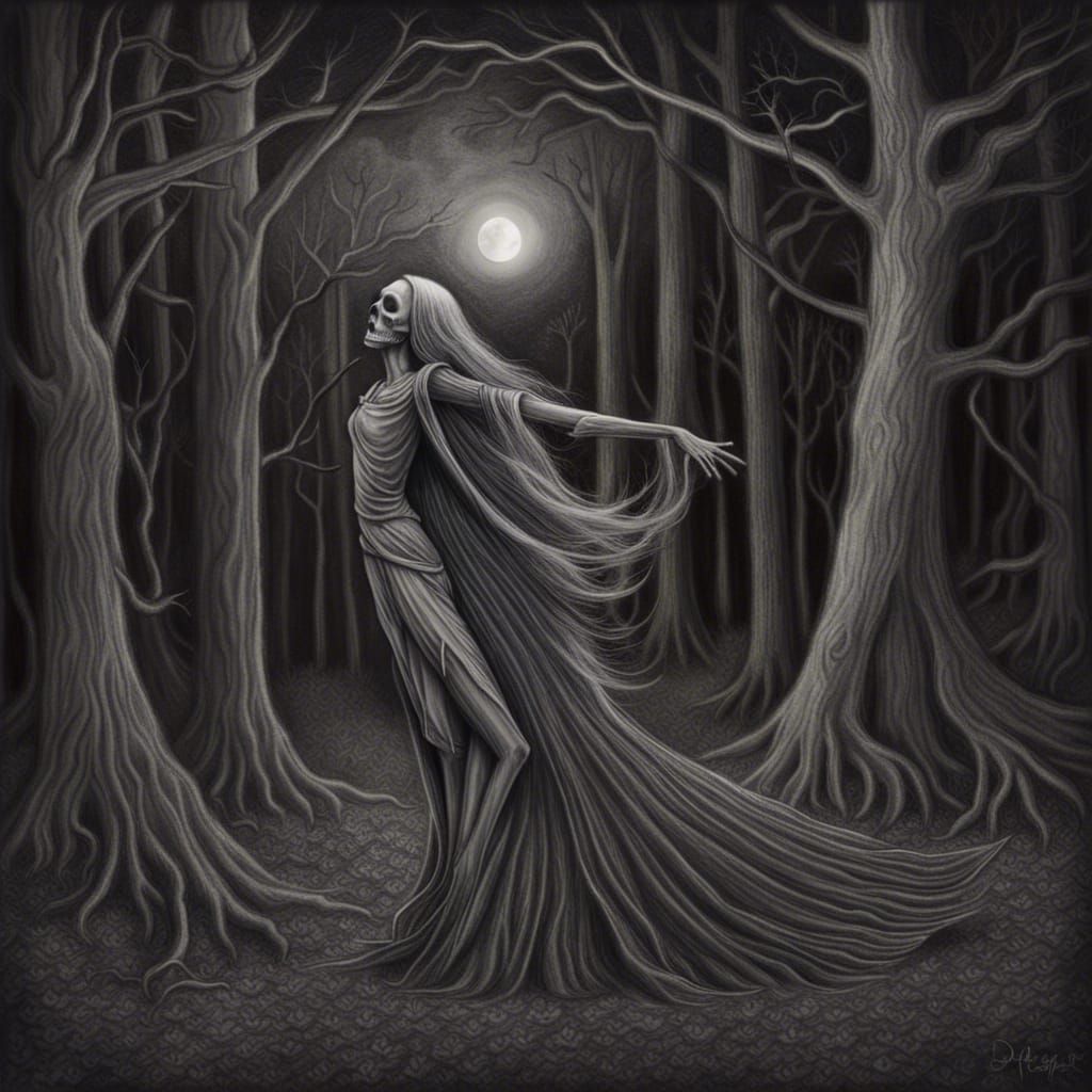 Danse Macabre in Moonlight Forest: Charcoal Drawing