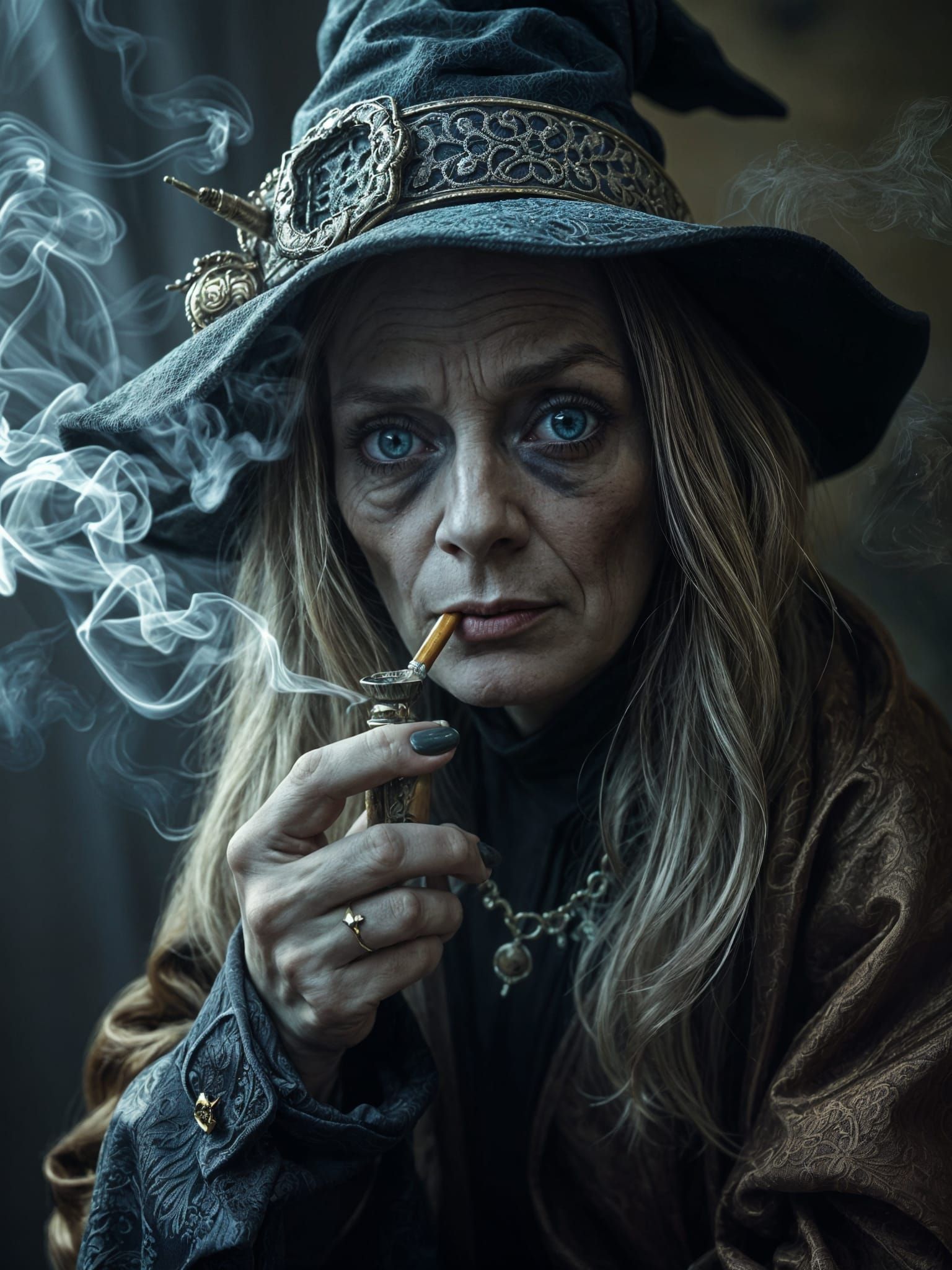 Intricate Portrait of an Old Witch with Cigarette Holder