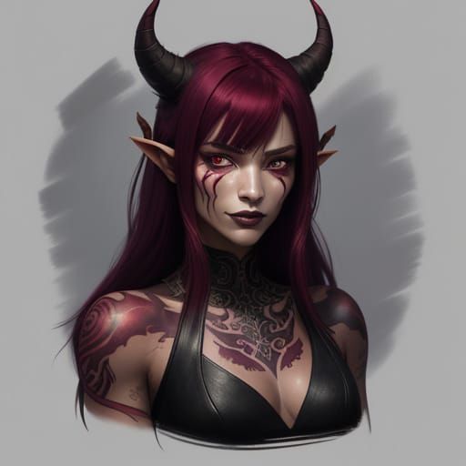 Red-Skinned Tiefling with Burgundy Hair and Tattoos