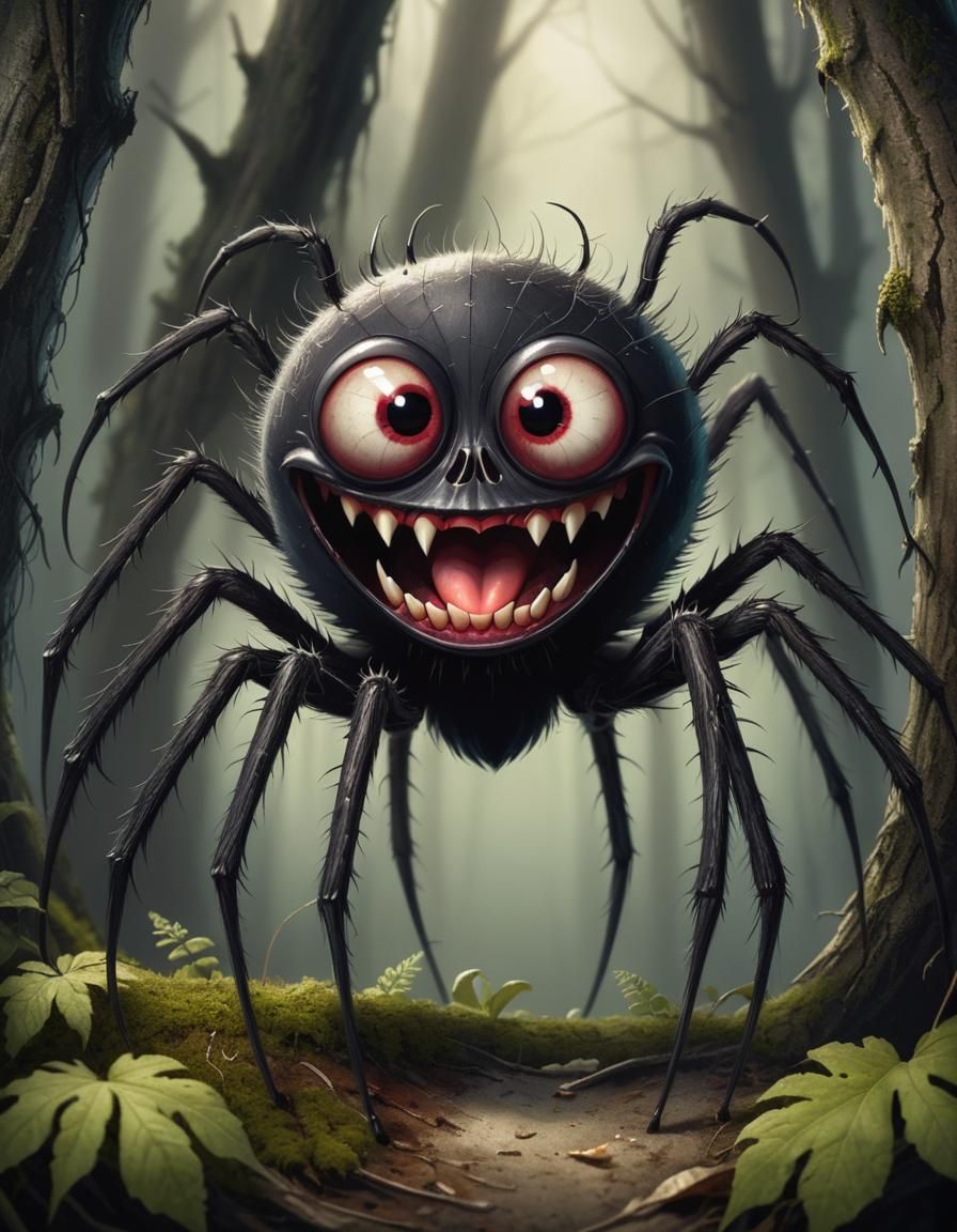 Goofy Vampire Spider Creature in Surreal Forest