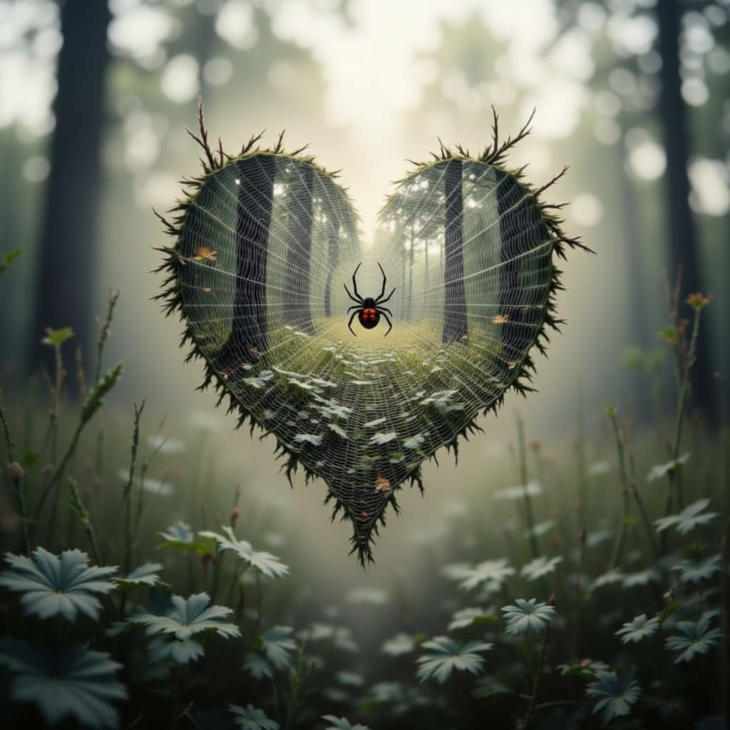 Heart-Shaped Spider Web Double Exposure