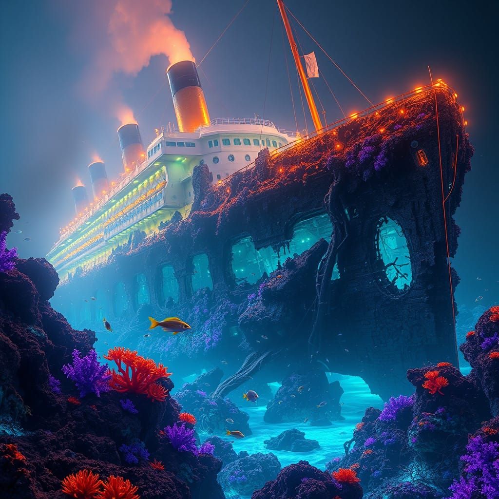 Ethereal Titanic Wreckage in a Bioluminescent Abyss