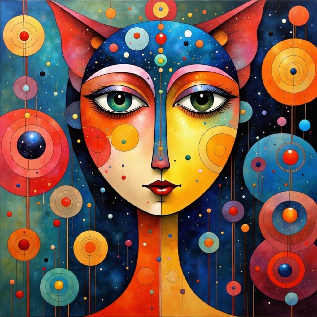 Vibrant Folk Art Cat Portrait in Abstract Expressionist Styl...