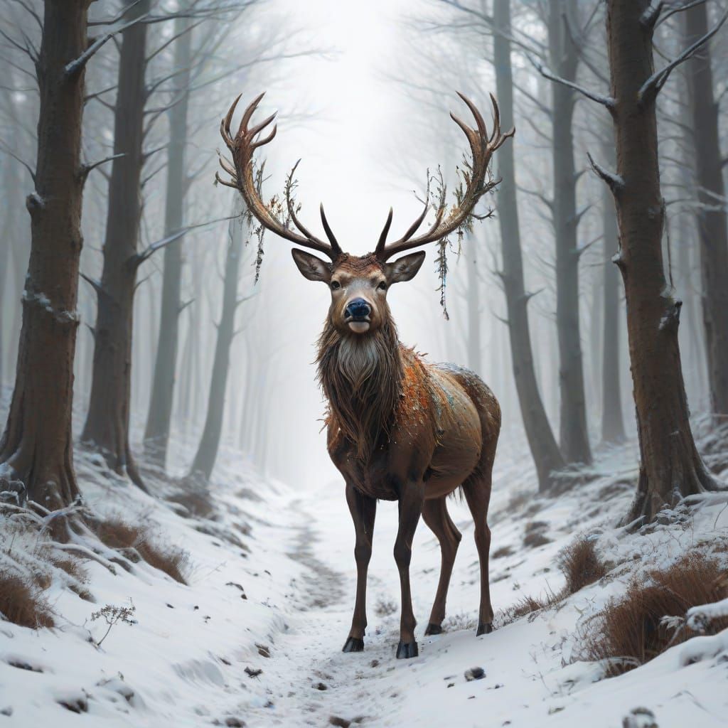 Surreal Whimsical Deer Stag in Winter Landscape