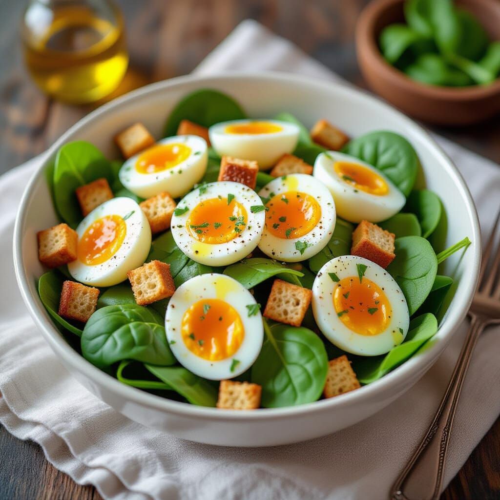 Hyperrealistic Spinach Salad with Eggs and Croutons