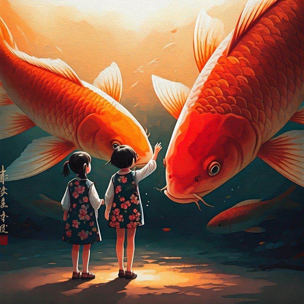 Giant Koi Fish Meet Girls: Japanese Watercolor Painting