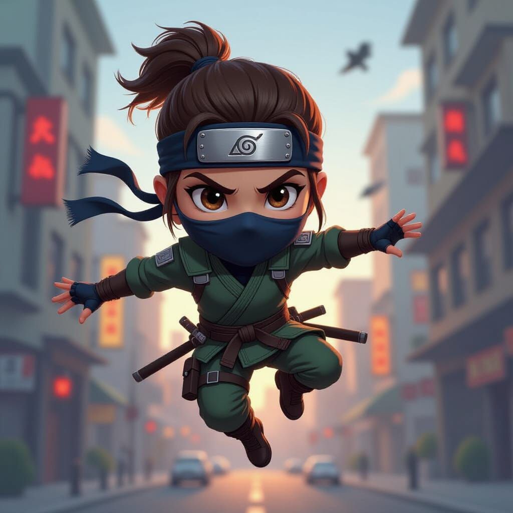 Ninja Caricatures in Aerial 3D Combat Scene