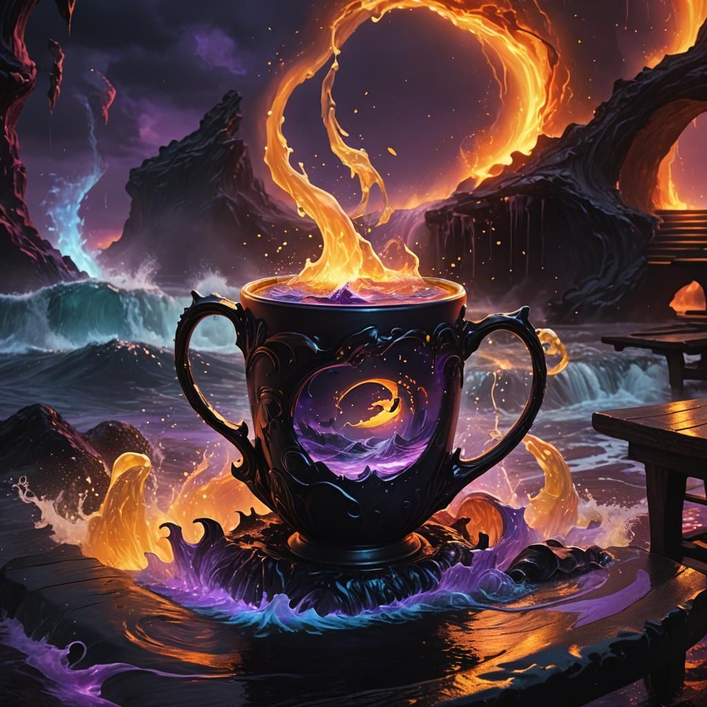 Glowing Lava and Water Cup, Dark Fantasy Art
