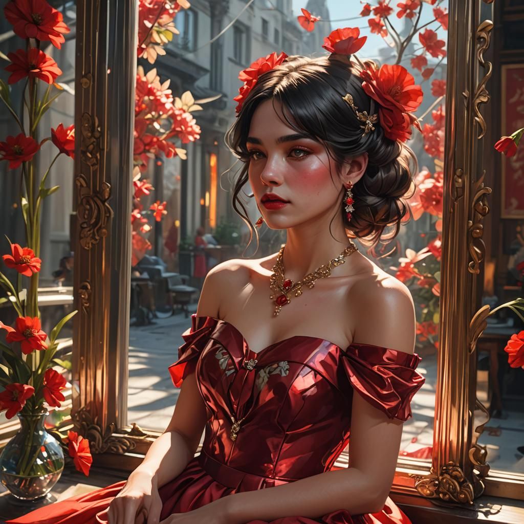 Woman in Red Dress, Detailed Digital Portrait