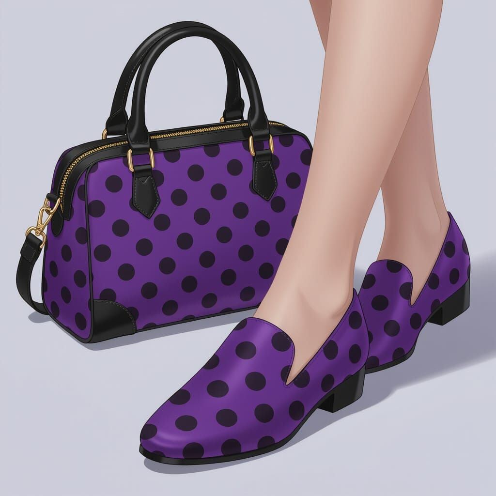 Anime Purple and Black Polka Dot Shoes and Bag