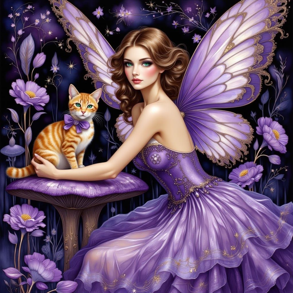 Baroque Fairy Portrait with Violet Wings and Tabby Cat