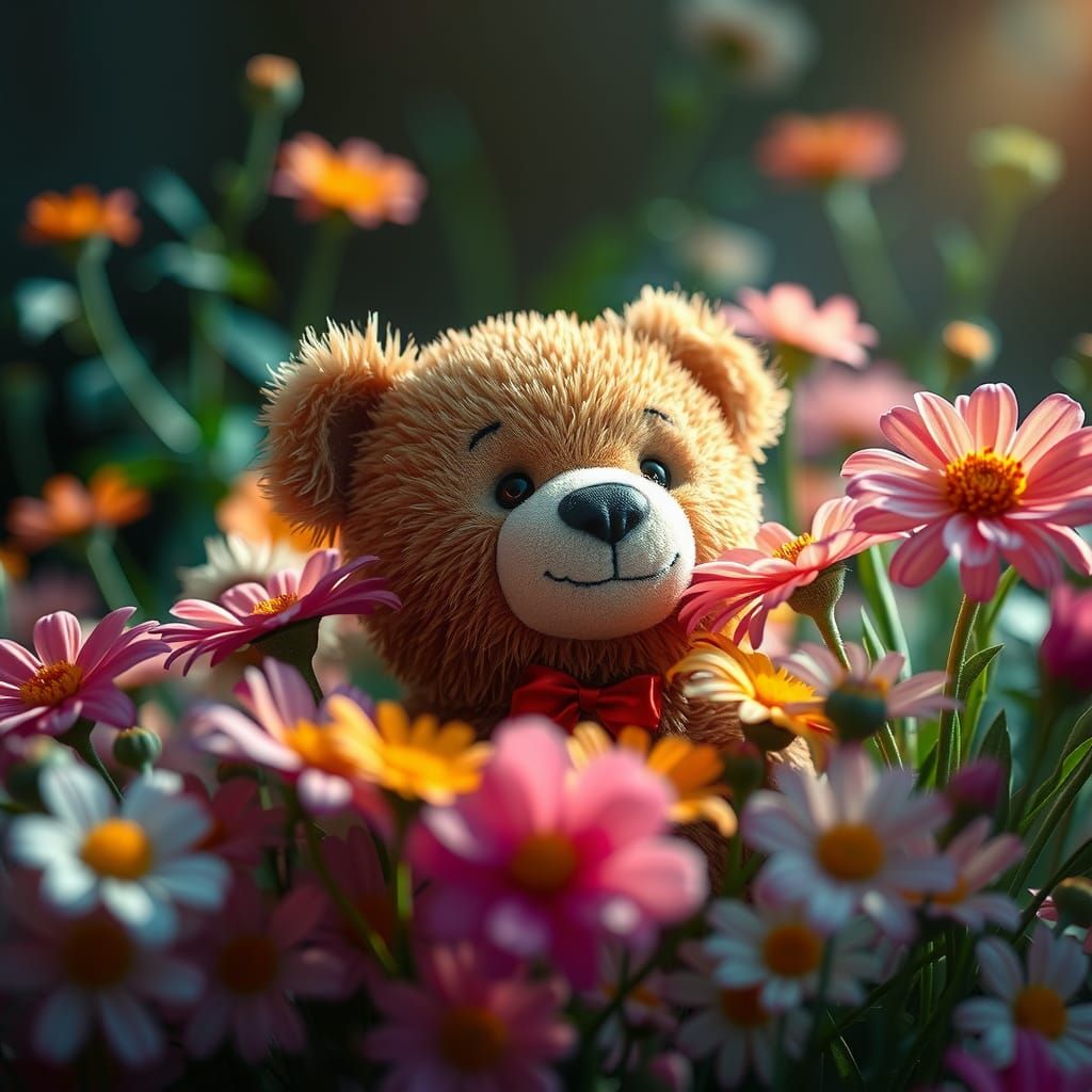 Teddy Bear in Flowers Still Life