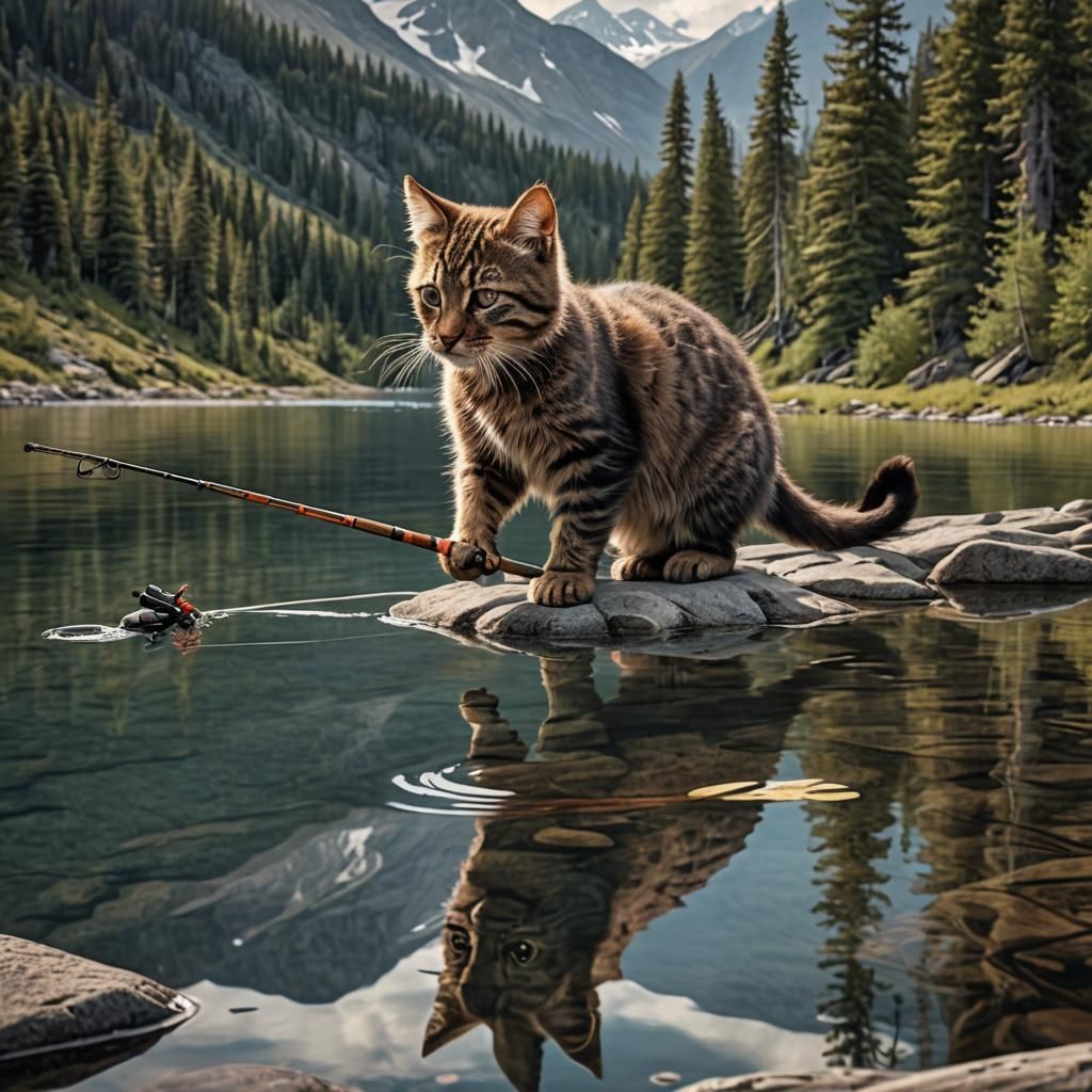 Kitten Fishing in Lake with Moose, Hyperrealistic