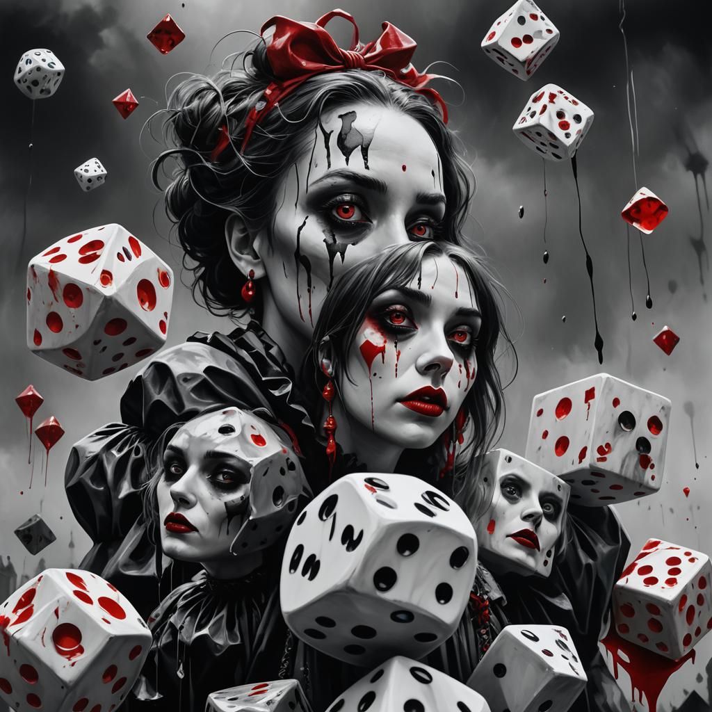 Surreal Clown Faces on Dice in Tim Burton Style