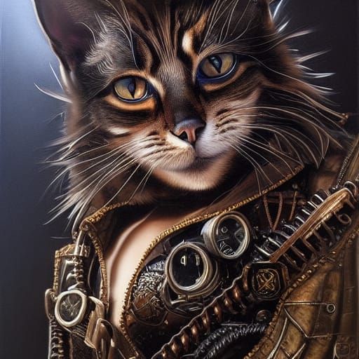 Hyperdetailed Steampunk Cat in Art Nouveau Style