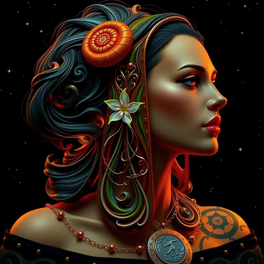 Woman with Jasmine in Starry Fibonacci Sky