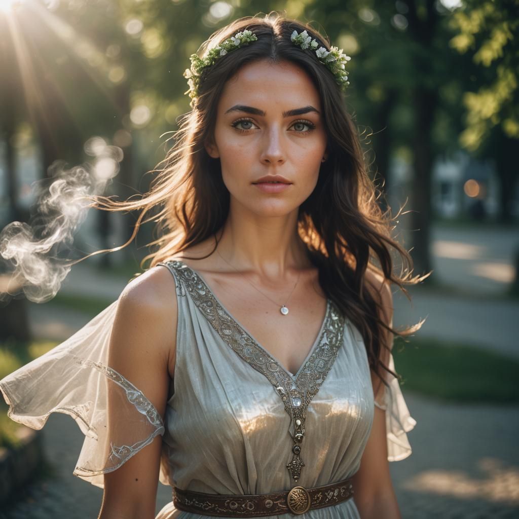 Brunette in Viking Dress with Transparent Light Effects