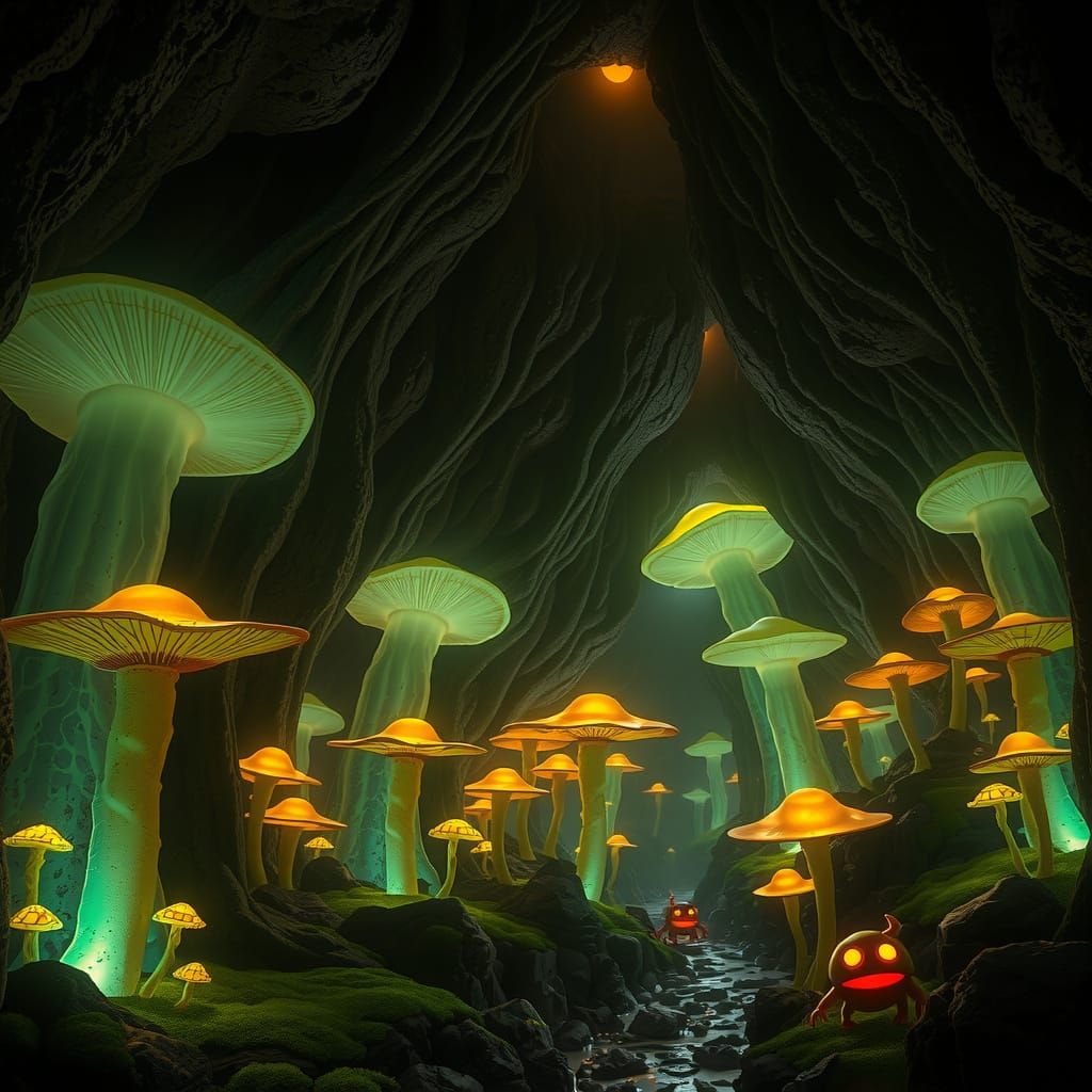 Ethereal Bioluminescent Forest in a Subterranean Cavern