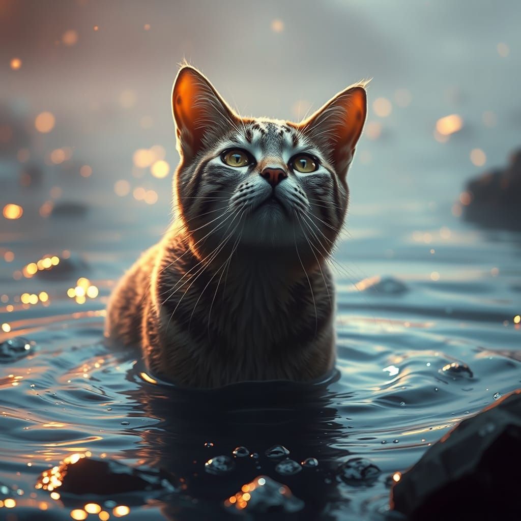 Epic Digital Water Cat in a Cinematic Atmosphere