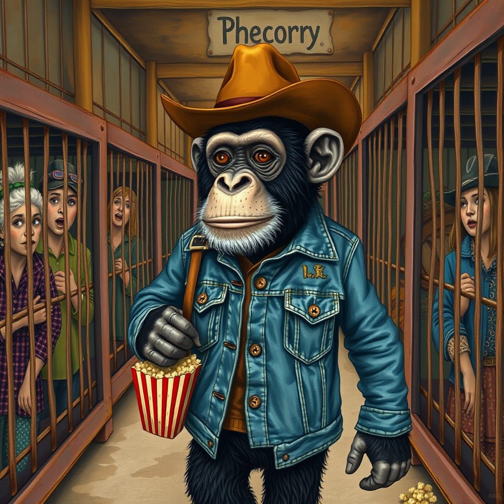 Chimpanzee Cowboy in Zoo: Folk-Art Style