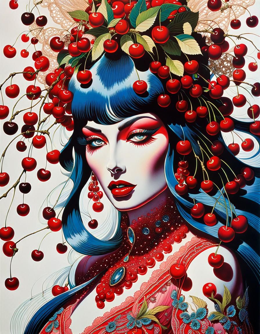 Psychedelic Cherry Dreamscape in Gerald Scarfe Style