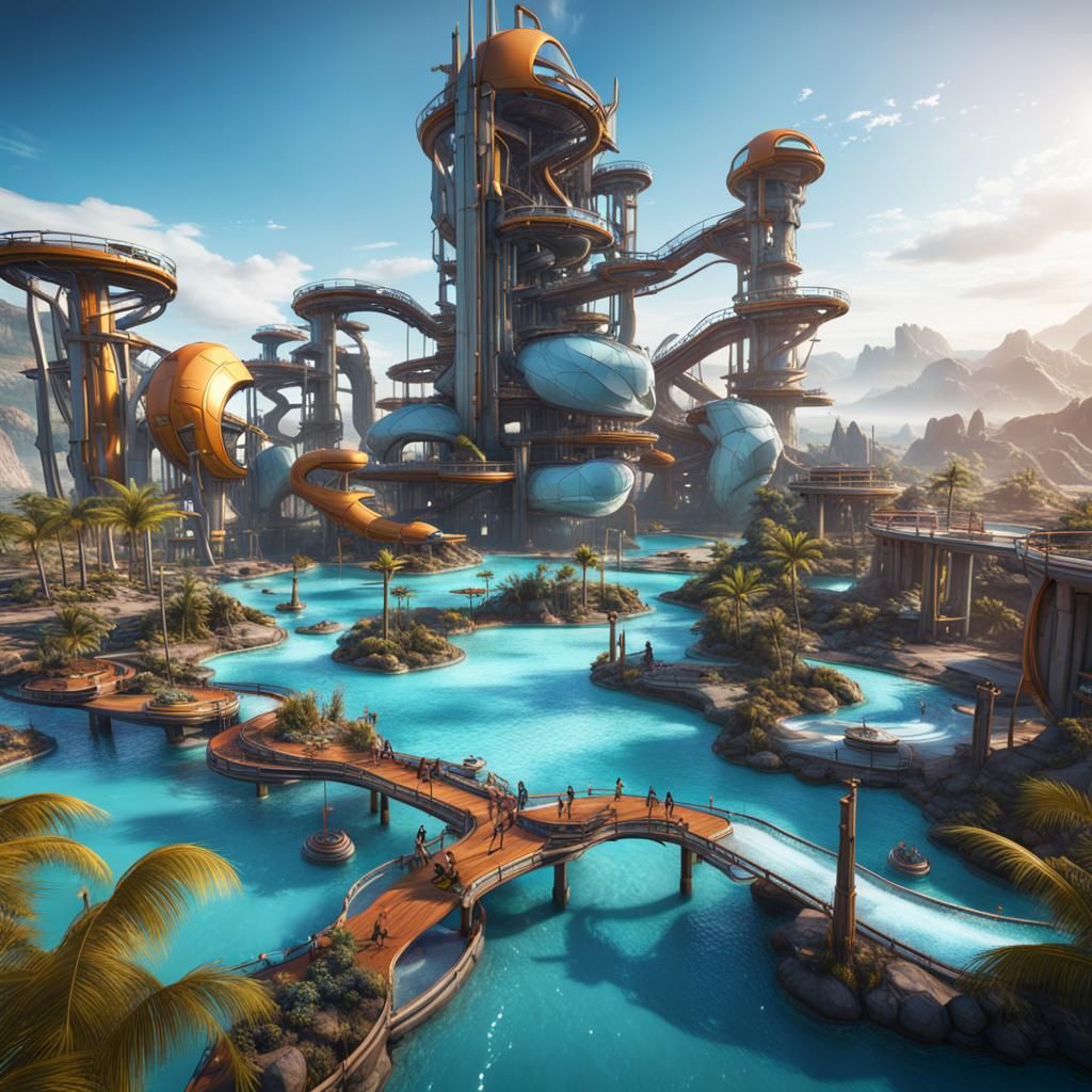 Futuristic Luxury Island Water Park in Detailed Matte Painti...